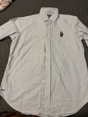 Ralph Lauren Blue and White Striped Button-Down Shirt with Polo Bear